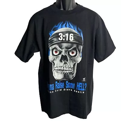 Buy Vintage 90s Stone Cold Steve Austin T Shirt M Black Crewneck Wanna Raise Hell • 89.63£