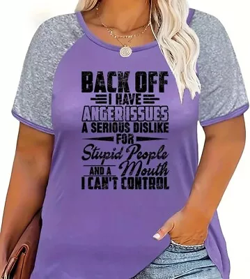 Buy BACK OFF I HAVE ANGER ISSUES  T-shirt  Womens Joke T Shirt Size 22 Purple • 8.99£