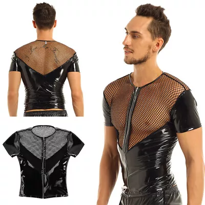 Buy Men's Shiny PVC Leather Fishnet Splice T-Shirt Short Sleeve Zipper Front Top • 17.75£