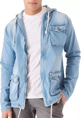 Buy JMOJO Mens Denim Jacket Loose Fit Hooded Cotton Trucker Vintage Classic Size UK • 29.99£