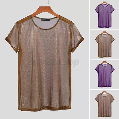 Buy Men Mesh Tops Sheer T Shirt Short Sleeve Shiny Clubwear Party Gym Muscle Fit Tee • 13.92£