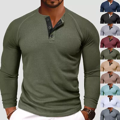 Buy Mens Ribbed Henley Shirt Long Sleeve Buttons Grandad Plain Casual T-Shirt Tops • 14.19£