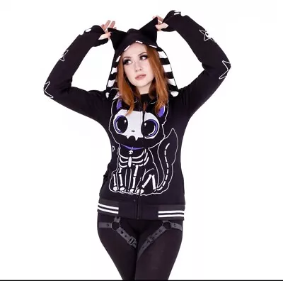 Buy Skeleton Cat Hoodie Stripe Kitty Goth Punk Scene Emo Y2K 2000s Alt Grunge Size M • 50.99£