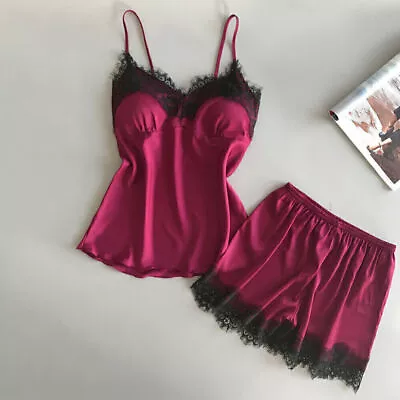 Buy Sexy Womens Lace Satin Silk Cami Tops + Shorts Sleepwear Lingerie Pajamas Set • 6.49£
