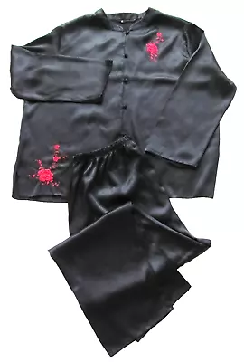 Buy Pyjamas PJs Satin Look Long Silky Feel Black Chinese Style Size 20/22 Ladies BHS • 14.95£