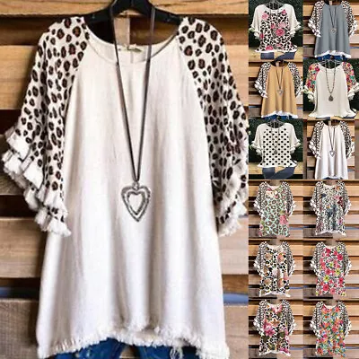 Buy Womens Leopard Patchwork Tunic Tops Casual Baggy T-Shirt Blouse Plus Size 20-28 • 12.79£