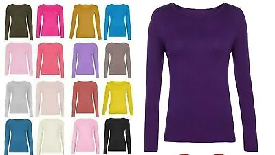Buy Women Long Sleeve Plain Round Scoop Neck T Shirts , Stretch T Shirt For Ladies • 6.99£
