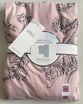 Buy BNWT M&S Pink Tiger Print Cotton Short Sleeve Long Bottom Pyjamas XL (20-22) • 11£