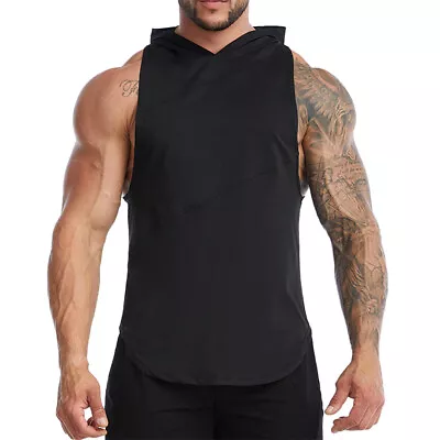 Buy Men Hooded Vest Tank Top Workout Hoodie Muscle Tee Casual T-Shirt Sleeveless Gym • 10.09£