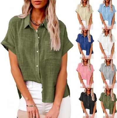 Buy Womens Casual Blouse Cotton T-Shirt Short Sleeve Linen Ladies Button Tops Tunic • 10.99£