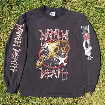 Buy Vintage 1991 Napalm Death Tour Shirt Mens L Black Metal Band 90s Long Sleeve Tee • 280.40£