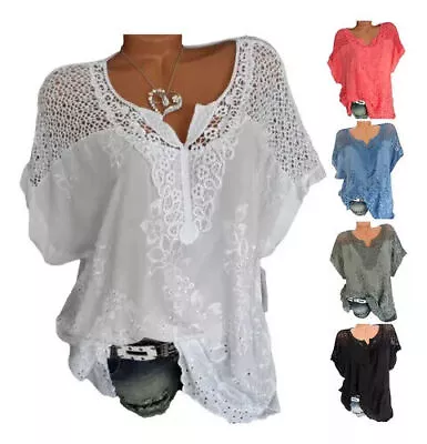 Buy Womens Plus Size T Shirts Short Sleeve Ladies Loose Blouse V-Neck Lace Tops Tee • 9.99£