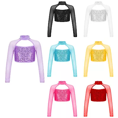 Buy Girls Long Sleeve Shiny Jazz Hip Hop Street Dance Crop Tops Performance T-Shirt  • 10.07£