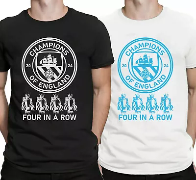 Buy Man City T-Shirt Football League Champs Four In A Row England Soccer Mens Tee • 10.99£