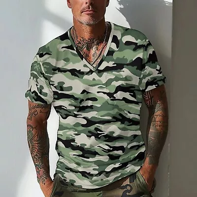 Buy Men's Camouflage Printed Casual T-shirt Summer V-neck Short Sleeved Shirts Tops • 13.04£