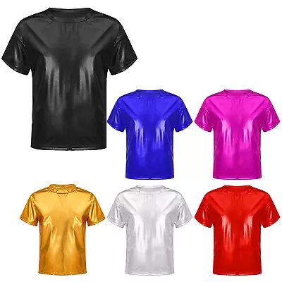 Buy Boys Girls Shiny Metallic T-Shirt Round Neck Short Sleeve Dance Top Dancewear • 9.27£