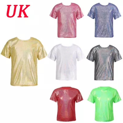 Buy UK Girls Boys Shiny Metallic T-shirt Sequined Jazz Dance Top Dancewear Costume • 8.99£
