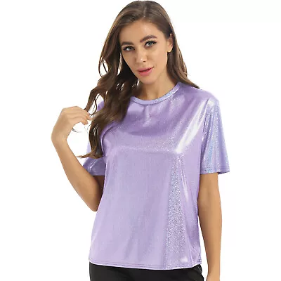 Buy Womens Sparkly Shiny Metallic Tops Casual T-Shirt Blouse Rave Party Clubwear • 6.42£