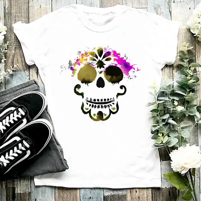 Buy Ladies Skull Flower Crown T Shirt Day Of The Dead Party Spooky Birthday Gift • 13.99£