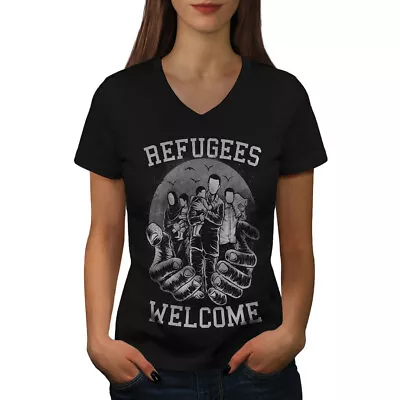 Buy Wellcoda Refugees Welcome Accept Womens V-Neck T-shirt • 17.99£