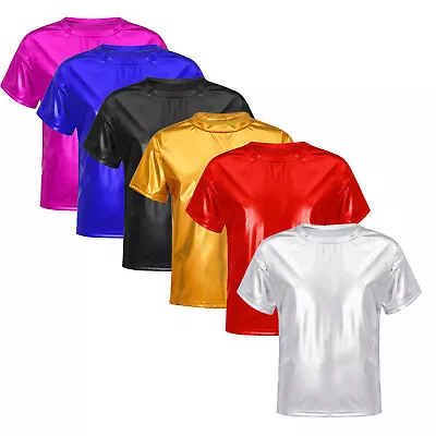 Buy Kids Girls Shiny Metallic T-Shirt Short Sleeve Dance Party Club Performance Tops • 8.19£