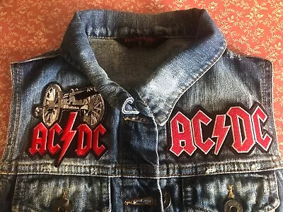 Buy AC:DC Vintage Blue Denim Battle Jacket Vest W/ Embroidered Patches And Backpatch • 92£