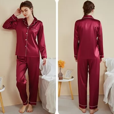 Buy Ladies Satin Pyjamas PJs Womens Silk Long Sleeve Soft Sleepwear Nightwear Set UK • 16.99£