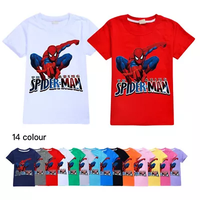 Buy Kids Boys Spiderman T-shirt Summer Short Sleeve T-shirt Casual Cotton Tops Tee • 7.49£