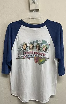 Buy Vintage 80s Foreigner Tour 1981 Double Sided Raglan Shirt Size L White Blue • 69.97£