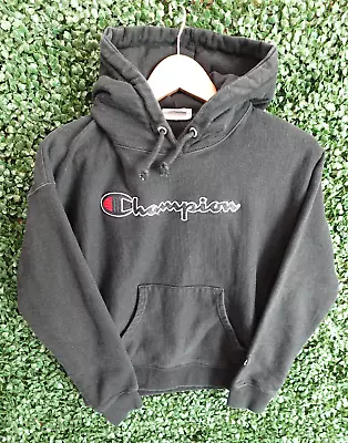Buy Champion Reverse Weave Hoodie Spell Out Black Sweatshirt Drawstring Women Size S • 13.99£