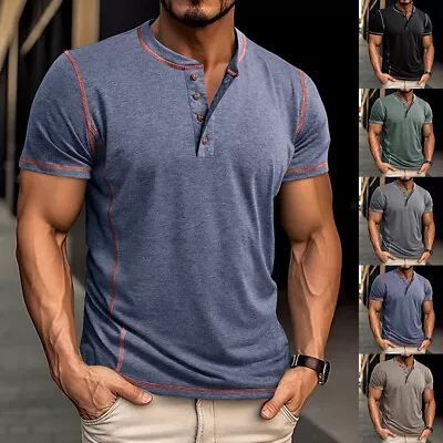 Buy Mens Henley Shirts Tops Button V Neck Short Sleeve Casual Grandad T Shirt Blouse • 12.49£