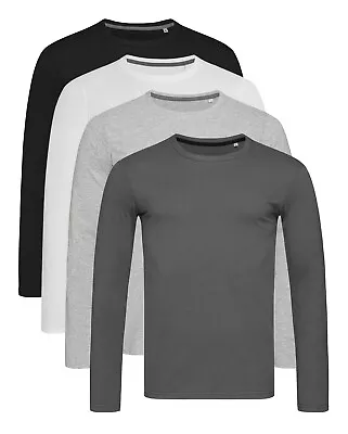 Buy Mens Plain Long Sleeve GREY BLACK Or WHITE Cotton Elastane Tee T-Shirt Tshirt • 15.68£