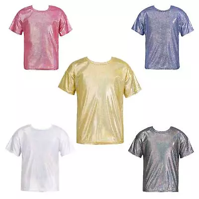 Buy Kids Boys Girls Metallic Shiny T-shirt Sparkly Jazz Dance Tops Athletic Blouses • 9.32£