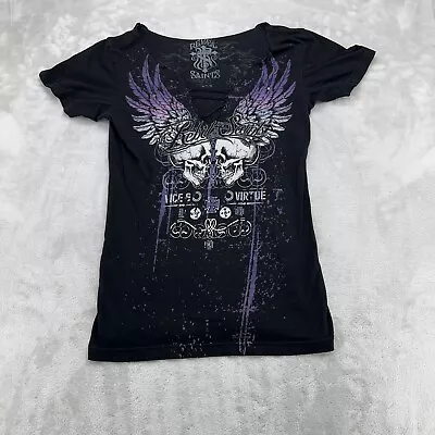 Buy Rebel Saints Shirt Womens Large L Black Distressed Notch Neck Skulls* • 11.89£
