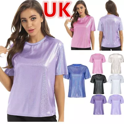 Buy UK Women Holographic T-shirt Shiny Short Sleeve Blouse Summer Glitter Party Tops • 5.59£
