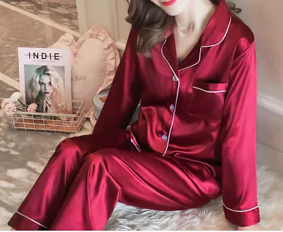 Buy Size 6-20 Women Satin Pyjama Set Silky Long Sleeve Lougewear Button Down Pajama  • 14.99£