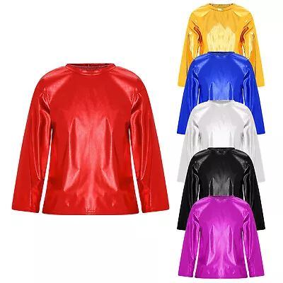 Buy UK Kids Girls Jazz Dance Performance Tops Metallic Shiny Long Sleeve T-shirt • 9.49£