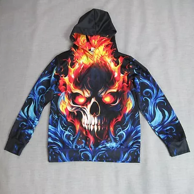 Buy Boys Hoodie Large Black Skull Flames Sweatshirt Hooded Demonic Horror Moto Punk • 13.13£