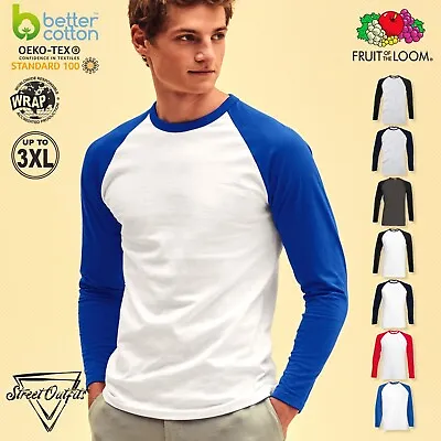 Buy Baseball Long Sleeve Mens T-Shirt Casual Plain Round Neck Top Fruit Of The Loom • 7.67£