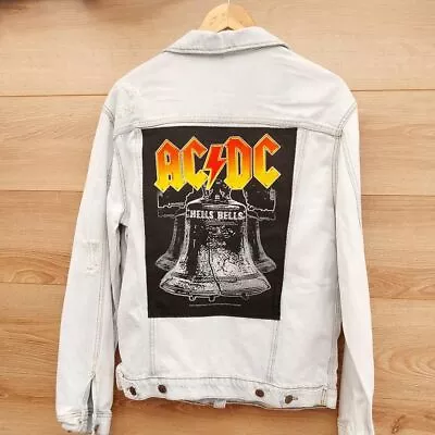 Buy Reworked Frayed Denim Jacket With ACDC Hells Bells On Back Size Large • 43.99£
