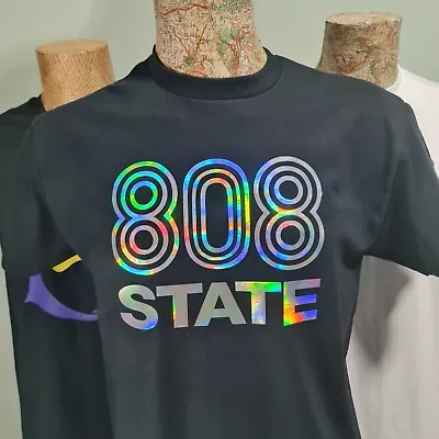 Buy 808 State BLACK Tee With Stunning Holographic Logo T-Shirt Mens Unisex  • 13.99£