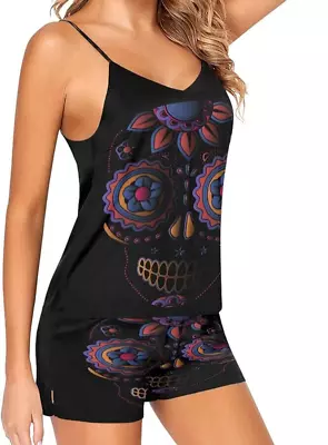 Buy Satin Sugar Skull Vest Shorts Pyjamas, Size 6/8, Gothic Alternative BRAND NEW • 15£