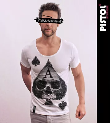 Buy Pistol Boutique Men's Fitted White Round Scoop Neck ACE OF SPADES SKULL T-shirt • 29.99£