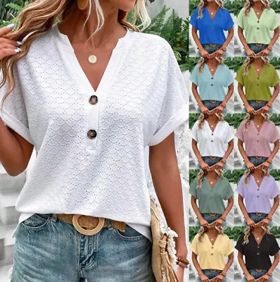Buy Women V Neck Tops Pullover Short Sleeve Blouse Casual Loose Tee Shirts PLUS SIZE • 1.19£