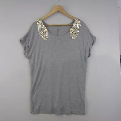 Buy Witchery Top Womens Large 14 Grey Jersey Gold Sequins Stretch T-Shirt • 13.68£