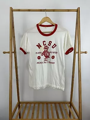 Buy VTG NCSU North Carolina State Wolfpack 1983 NCAA Champs Ringer T-Shirt Size L • 168£